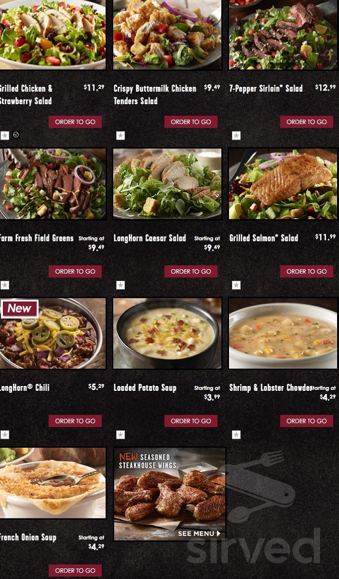 Longhorn Steakhouse menu