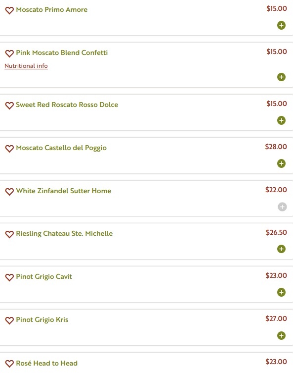 Olive Garden menu - Wine Menu