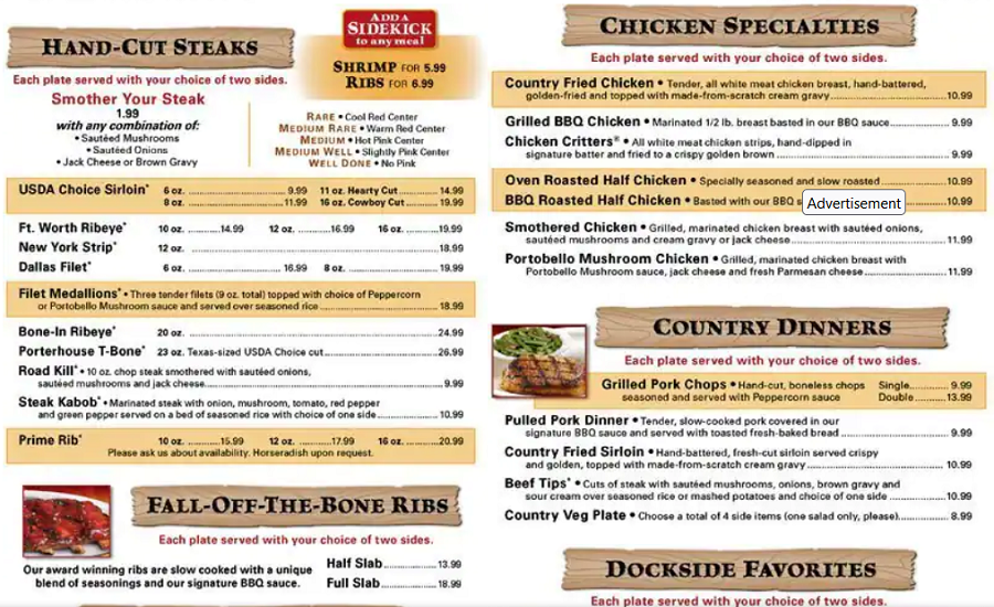 Texas Roadhouse menu with prices